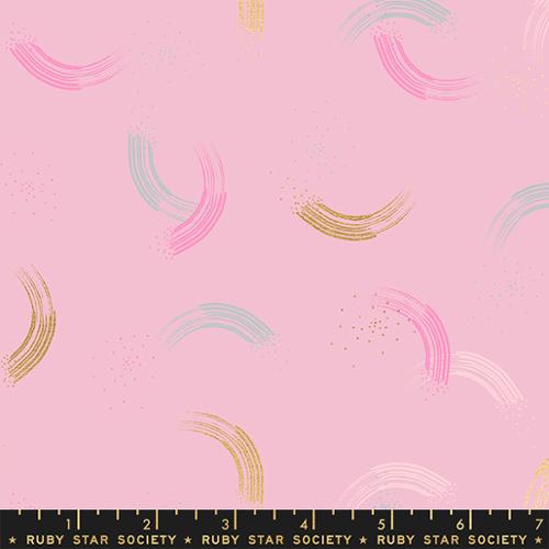 This blender fabric features pink, white, turquoise and gold brush strokes and dots on a pink background Twirl by Sarah Watts for Ruby Star Society Moda Fabrics basics metallic quilt weight cotton in peony pink 