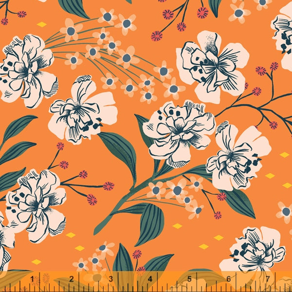Fancy Louise in Yellow by Dylan Mierzwinski For Windham Fabrics floral orange cream peach retro stylized cotton quilt fabric material