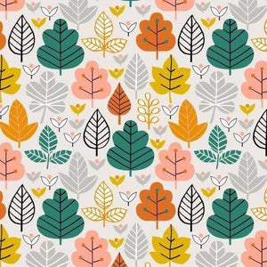 Dashwood Studios Wendy Kendall Acorn Wood cotton quilt garment fabric material  multi-colored leaves green orange gold grey gray