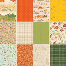 Load image into Gallery viewer, Grow &amp; Harvest Layer Cake 10&quot; Charm Squares Variety Gardening Planting Farming Chickens flowers tools Rust Green Aqua YellowSeeds Planting Alex Bordallo Art Gallery Fabrics Coordinate grass silky cotton fabric material quilts sewing garments clothes bags
