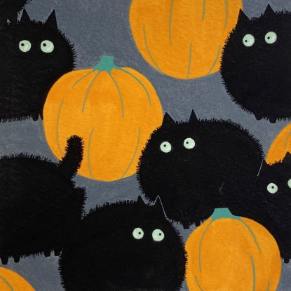 Belinda's Big Kitty fluffy round black kitty cats with big startled eyes  with round orange pumpkins in the patch on a charcoal gray grey background Halloween quilt sewing project bag trick or treat Alexander Henry fabrics material