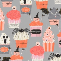Boo! Boo Baking Halloween cupcakes on a slate gray background spiders pumpkins witches novelty retro fabric cotton material quilt trick or treat bag pillowcase Alexander Henry Fabrics