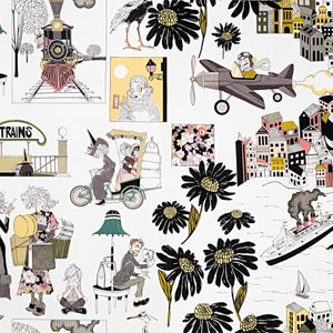 A Ghastlie Getaway by Alexander Henry Fabrics vintage plane train automobile car ship steamer flowers retro novelty fussy cut   outlines in black and white coordinate for the Ghastlie Getaway collection material fabric perfect for a fussy cut quilt tote bag garment or project