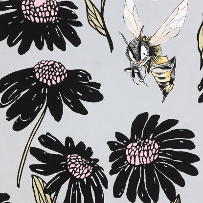 A Ghastlie Sting by Alexander Henry Fabrics stylized impish sassy wicked bee wasp pink and black large daisies coordinate for the Ghastlie Getaway collection material fabric perfect for a fussy cut quilt tote bag garment or project