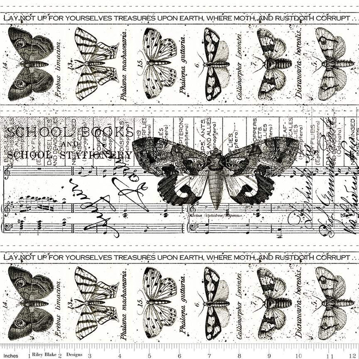 Art Journal by J. Wecker Frisch for Riley Blake Designs cotton quilt weight fabric for quilting sewing bags garments project  black and white butterflies on top of sheet music white background
