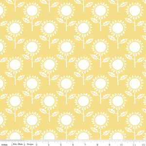 Art Journal by J. Wecker Frisch for Riley Blake Designs cotton quilt weight fabric for quilting sewing bags garments project white sunflowers in scattered rows on yellow background