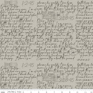 Art Journal by J. Wecker Frisch for Riley Blake Designs cotton quilt weight fabric for quilting sewing bags garments project light gray grey background with handwritten cursive writing postcard cancelled stamp