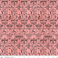 Art Journal by J. Wecker Frisch for Riley Blake Designs cotton quilt weight fabric for quilting sewing bags garments project coral pink background ticket roll for movie theater amusement park black Admit One