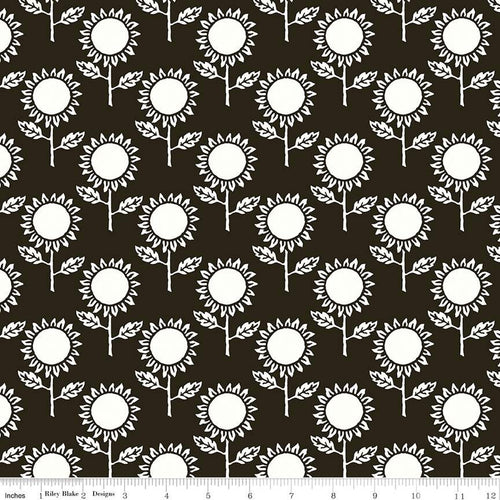 Art Journal by J. Wecker Frisch for Riley Blake Designs cotton quilt weight fabric for quilting sewing bags garments project black background white sunflower with stem and leaf repeated