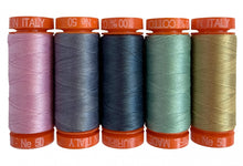Load image into Gallery viewer, Aurifil 50 weight thread collection curated by Anna Maria Horner to coordinate with her Vivacious lawn collection soft pink, gray slate blue green and fold small spools in decorated box
