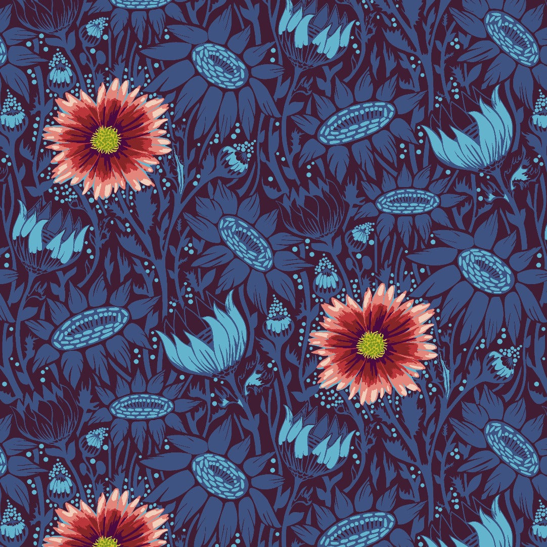 Anna Maria Horner Made My Day Collection Coreopsis Shadow Blue Orange Red ShadowFree Spirit Fabric Cotton Quilt Garment Material