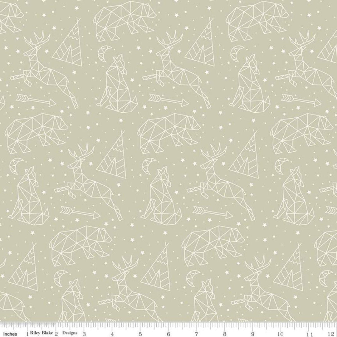 Adventure is calling Riley Blake Designs quilting cotton fabric low volume khaki background with constellations, stars in white arrows teepee wolf deer bear