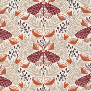 All That Wander Roam Moths by Juliana Tipton for Cloud 9 organic fabrics  taupe greige skinny leaves and stems and with rust colored stylized moths gorgeousbackgrounds high quality quilt weight cotton for quilting clothing garments bags sewing projects 