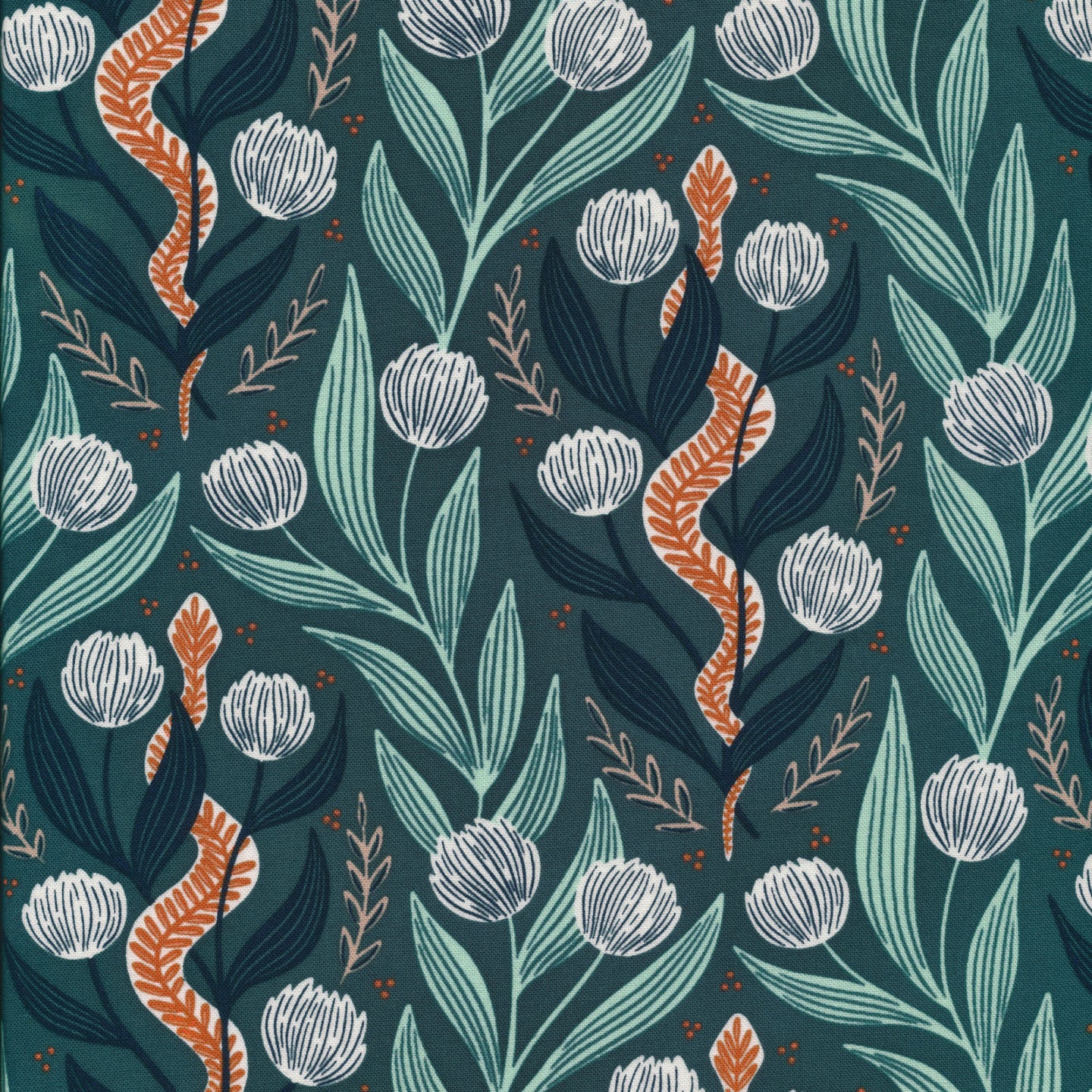 All That Wander by Juliana Tipton for Cloud 9 organic fabrics Hunter green background with poppy cream flowers and two toned rust and green leaves and stems high quality quilt weight cotton for quilting clothing garments bags sewing projects 