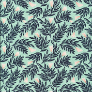 All That Wander Wild by Juliana Tipton for Cloud 9 organic fabrics Hunter green background with bell shaped cream and peach flowers and dark green leaves and stems high quality quilt weight cotton for quilting clothing garments bags sewing projects 