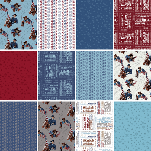 Americana John Wayne collection by Riley Blake Designs fat quarter bundle red white and blue john wayne on horse stars sheriff badge word like Freedom Strength Courage cotton quilt project sewing fabric material