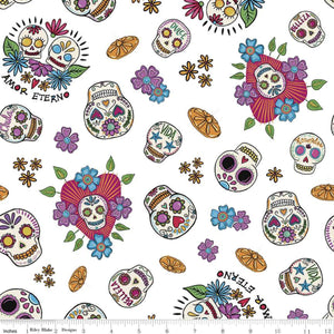 Amor Eterno Kathy Cano-Murillo Crafty Chico Riley Blake Designs Fabric Dia  de Muertos Day of the Dead Celebration Mexican Hispanic sugar skulls skeleton fruit ofrendas colorful cotton novelty fabric material quilt sewing projects crafting