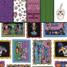 Load image into Gallery viewer, Amor Eterno Crafty Chica Kathy Cano-Murillo Dia de los Muertos fabric skulls sacred hearts strips cards cameos cotton quilt fabric sewing garment project 

