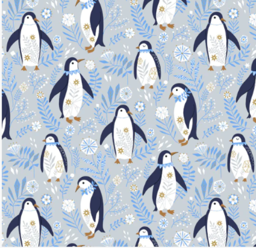 Arctic Polar Penguins Dashwood Studios  dove grey gray background with polar penguins blue foliage leaves and snowflakes quilt weight cotton for quilting garments sewing project baby kids 