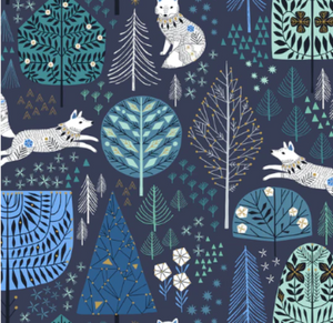 Arctic Forest Wolf Wolves Dashwood Studios  navy background with white stylized wolves leaping among the trees in blue green black quilt weight cotton for quilting garments sewing project baby kids 
