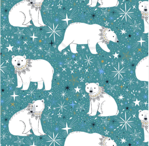 Arctic Polar Bears Dashwood Studios  teal blue green background with cute polar bears wearing leaf collars and snowflakes and stars clusted on background quilt weight cotton for quilting garments sewing project baby kids 
