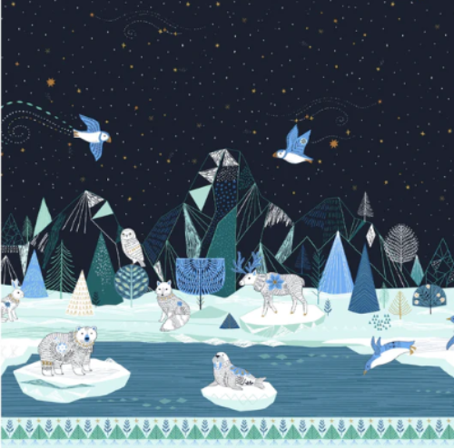 Arctic main print by Bethan Janine for Dashwood Studios double border print on navy ink blue background with  polar bear and seal on ice in pond and wolves puffins moose owl watching from land with mountains trees and dark sky filled sky blue green black quilt weight cotton for quilting garments sewing project baby kids 