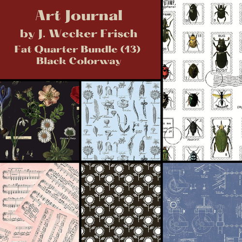Art Journal Fat Quarter Bundle by J. Wecker Frisch for Riley Blake Designs vintage antique style botanical journal scrapbooking pages floral scarabs beetles line drawings sheet music ledger pages handwritten cursive writing quilt weight cotton for bags quilts sewing projects