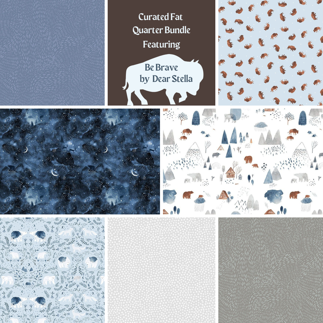 Dear Stella be brave enough to dream curated fat quarter bundle of 8 prints with coordinates dash flow jax gray brown blue mountains bears buffalo mystical cosmic constellations in night sky high quality quilt cotton for quilts bags sewing projects and more