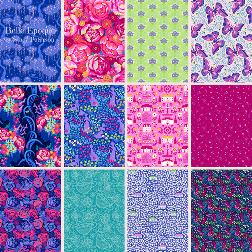 Fat Quarter Bundle Belle Epoque by Stacy Peterson for Freespirit Fabrics Pre-0rder reservation stunning florals art deco style butterflies houses hidden silhouettes fuschia pink orange blue purple raspberry color pallet teacups cotton quilting weight fabric