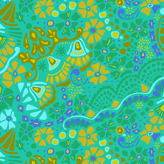 Between by Alison Glass Begin Jade green with Blue aqua bell flowers purple stars and brick paths with yellow flowers and branches  high quality cotton material for quilts bags garments clothing and sewing projects