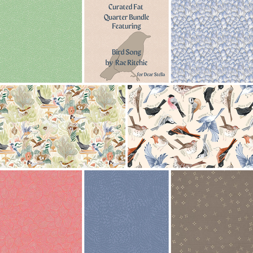 Dear Stella Bird Song Birdsong by Rae Ritchie curated fat quarter bundle of 8 prints with coordinates dash flow jax nature botanical birds with names  cosmic constellations in night sky high quality quilt cotton for quilts bags sewing projects 