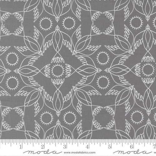 Birdsong by Gingiber for Moda Fabrics Brid Dance in Cloud White tone on tone low volume cream bird outlines in kaleidoscope style formation on soft pebble gray grey background high quality quilt weight cotton for quilting bags sewing projects