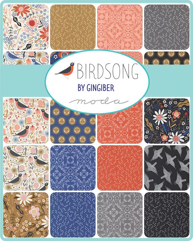 Birdsong by Gingiber Fat Quarter Bundle Moda Fabrics Blue red gray pink flowers birds bird tracks plaids sun faces nature for quilts bags sewing projects cotton material 