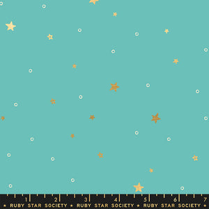 Sarah Watts for Ruby Star Society Birthday Collection Moda Fabrics background scattered turquoise metallic gold stars and pin dots