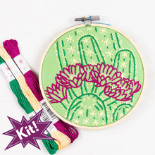 Load image into Gallery viewer, Poplush Blooming Cactus Embroidery Kit Contents Original design includes needle floss hoop pre-printed fabric instructions
