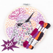 Load image into Gallery viewer, Poplush Blossom Hunter Hummingbird Flowers  Embroidery Kit Original design includes needle floss hoop pre-printed fabric instructions
