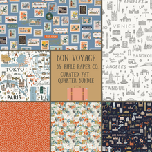Load image into Gallery viewer, Bon Voyage Rifle Paper Co. Fat Quarter Bundle Vintage travel postage stamps landmarks navy and soft blue with pink and red accents includes coordinating basics cotton fabric material for quilting or sewing projects
