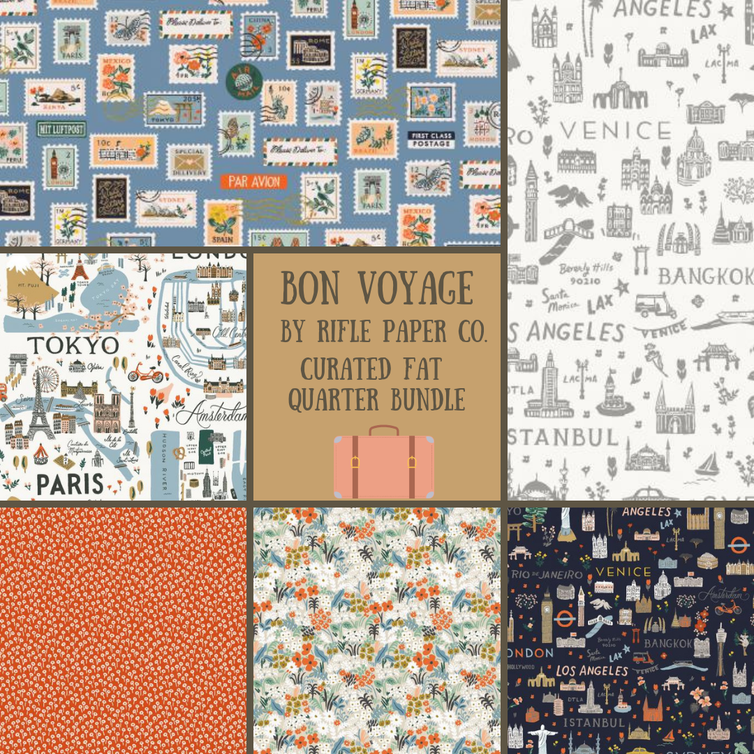 Bon Voyage Rifle Paper Co. Fat Quarter Bundle Vintage travel postage stamps landmarks navy and soft blue with pink and red accents includes coordinating basics cotton fabric material for quilting or sewing projects