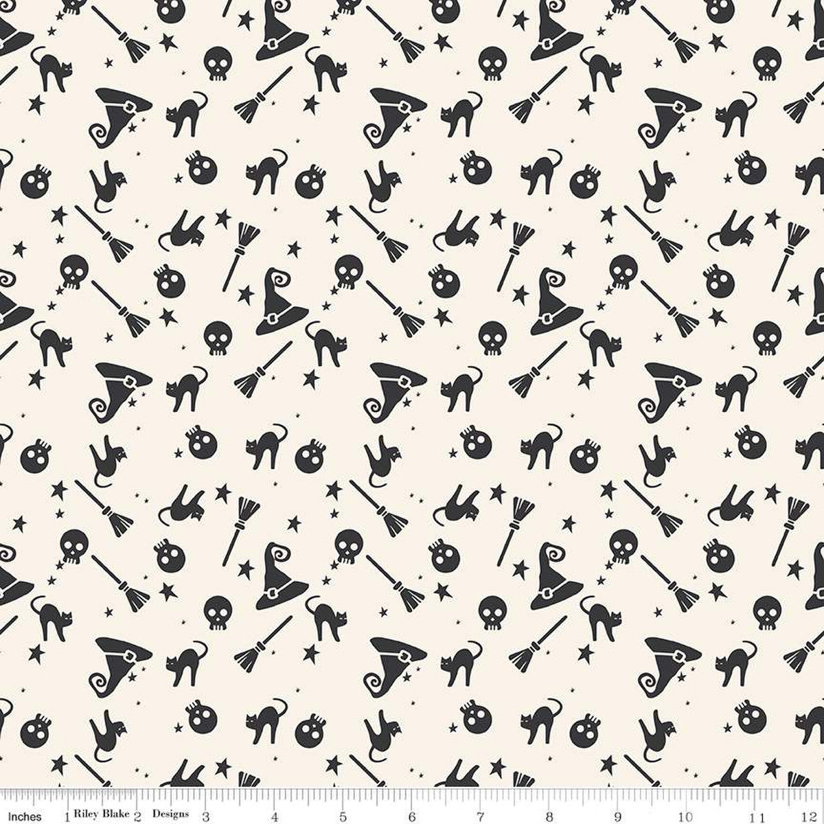 Hey Bootiful Plaid Offwhite Halloween Basic Background Riley Blake Designs black halloween icons witch hat skeleton cat broom star on off white background cotton quilt weight material fabric