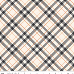 Hey Bootiful Plaid Offwhite Halloween Basic Background Riley Blake Designs charcoal orange rust plaid on off white background cotton quilt weight material fabric