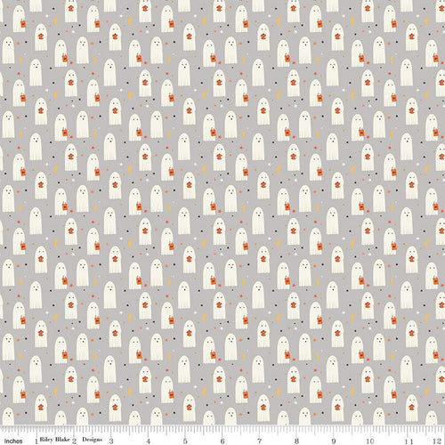 Hey Bootiful Plaid Offwhite Halloween Basic Background Riley Blake Designs cream sheet ghosts with trick or treat bag stars moons on dove gray grey background cotton quilt weight material fabric