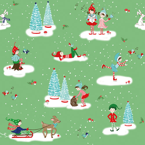 Pixie Noel 2 by Tasha Noel for Riley Blake Designs Main Print in Green Little girls in stocking hats singing petting a hedgehot playing with birds little pixie boys on a sled bunny rabbits mushrooms high quality cotton fabric material for quilts stockings tree skirt pillowcase 