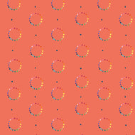 Color Wheel on Coral from the Imagine fabric collection by Quiet Play Kristy Lea for Riley Blakes Designs rainbow circle of heart triangle star diamond teardrop with scattered navy geometric shapes on a coral background  high quality material for quilts garments bags and other sewing projects
