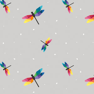 Dragonfly Flight in Gray from the Imagine fabric collection by Quiet Play Kristy Lea for Riley Blakes Designs multi-size dragonflies with rainbow geometric wings on a soft dove gray grey background with scattered white irregular polka dots  high quality material for quilts garments bags and other sewing projects
