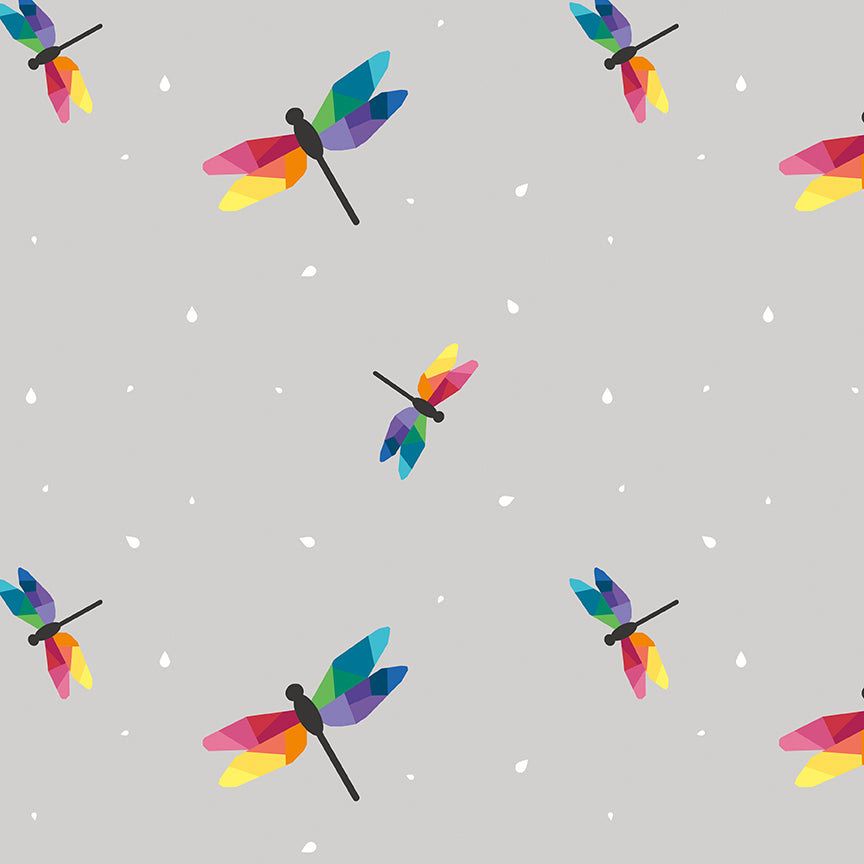 Dragonfly Flight in Gray from the Imagine fabric collection by Quiet Play Kristy Lea for Riley Blakes Designs multi-size dragonflies with rainbow geometric wings on a soft dove gray grey background with scattered white irregular polka dots  high quality material for quilts garments bags and other sewing projects