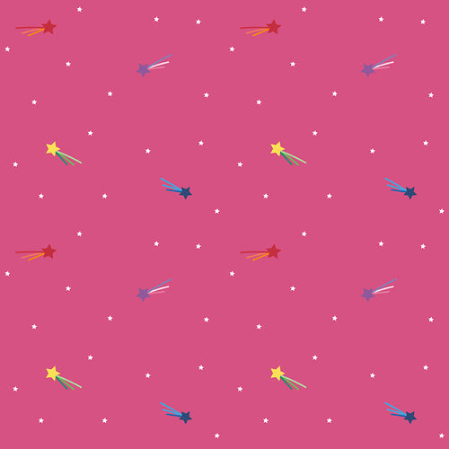 Shooting Stars in Hot Pink by Kristy Lea Quiet Play for Riley Blake Designs Rainbow shooting stars with tail and sprinkled white tiny stars on a hot pink background high quality fabric for quilts garments and sewing projects 