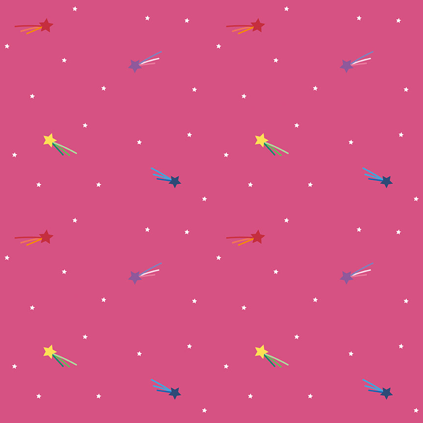 Shooting Stars in Hot Pink by Kristy Lea Quiet Play for Riley Blake Designs Rainbow shooting stars with tail and sprinkled white tiny stars on a hot pink background high quality fabric for quilts garments and sewing projects 