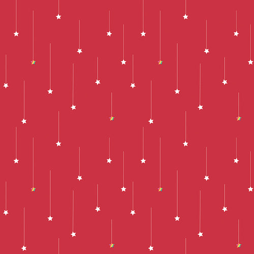 Red Starfall Fabric from Imagine by Quiet Play Kristy Lea for Riley Blake Designs rainbow and white falling stars hang from a thread on a red background high quality quilting sewing material fabric for quilting garments bags and other projects 