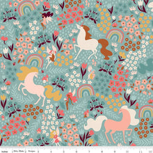 Load image into Gallery viewer, This print features unicorns, rainbows, and fairies in fields of flowers.
