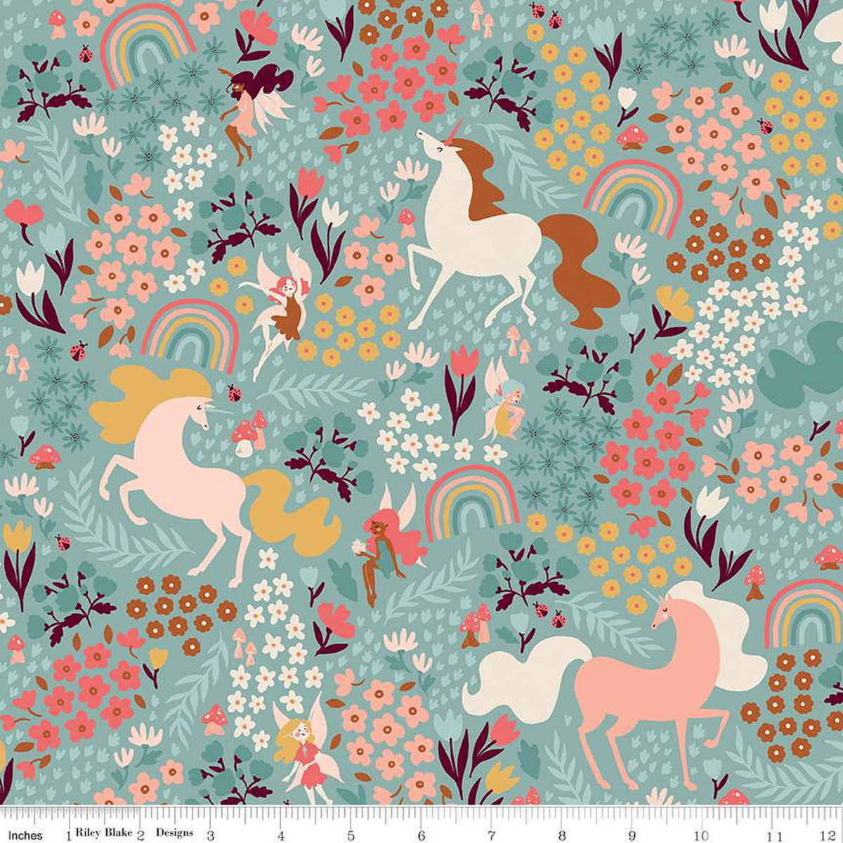This print features unicorns, rainbows, and fairies in fields of flowers.